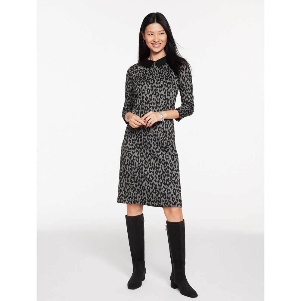 Talbots Petite Leopard Print Jacquard Sheath Dress 8P Peter Pan Collar 8 Petite